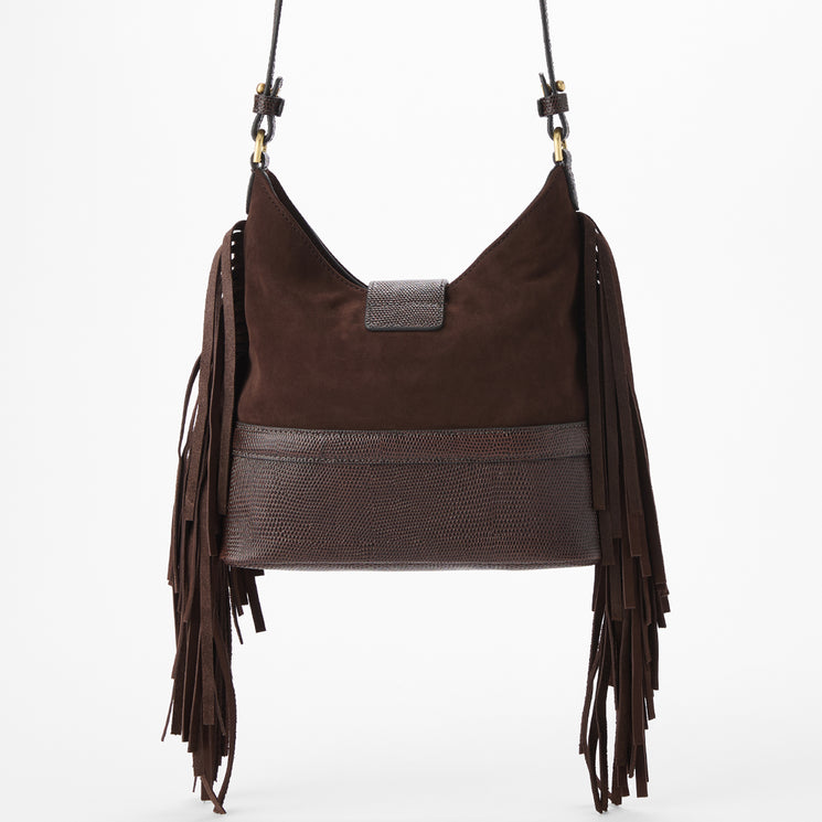 Brown suede handbag with fringes and gold accents on a white background. Small Gwynne back view.