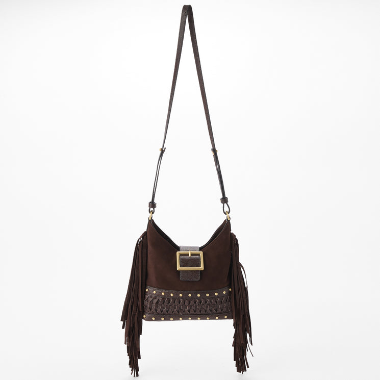 Brown suede handbag with fringes and gold accents on a white background. Small Gwynne front view with strap.