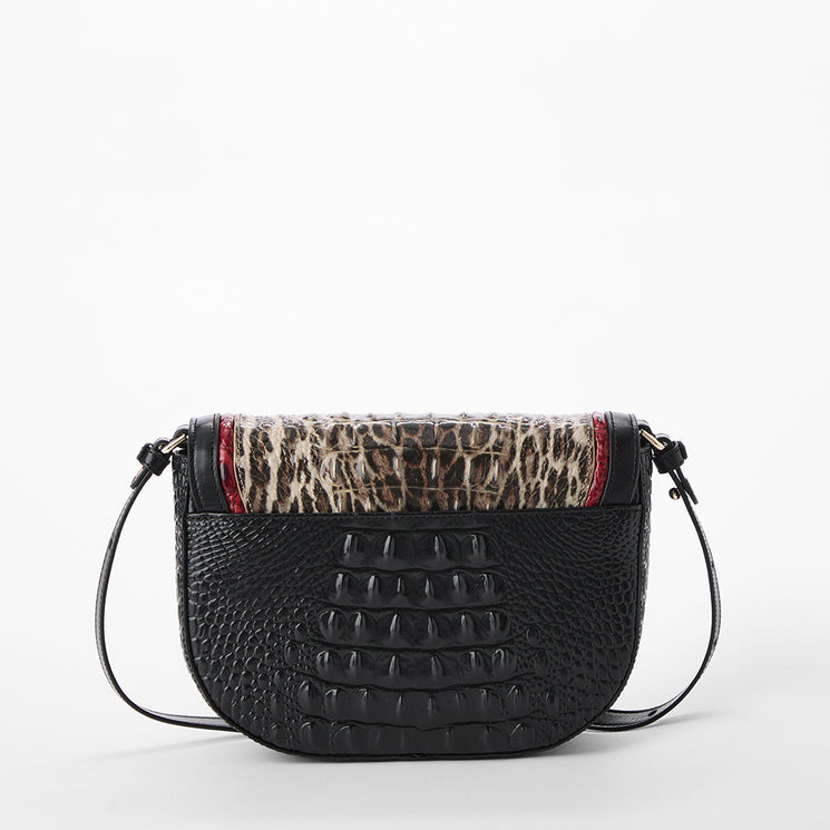 Brahmin handbag with leopard print and black and red leather accents on a white background. Portia back view.