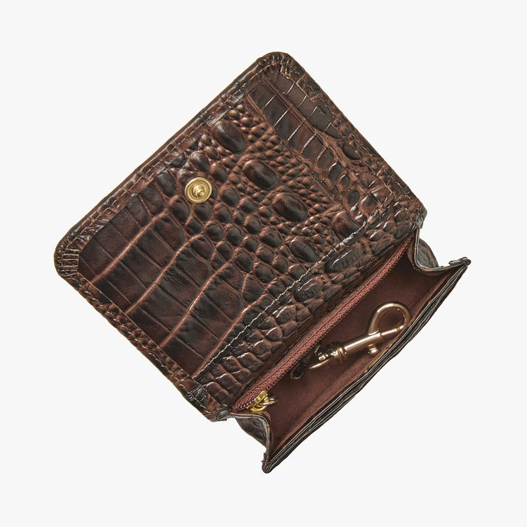 Brown Clementine wallet on a white background. Open top view.