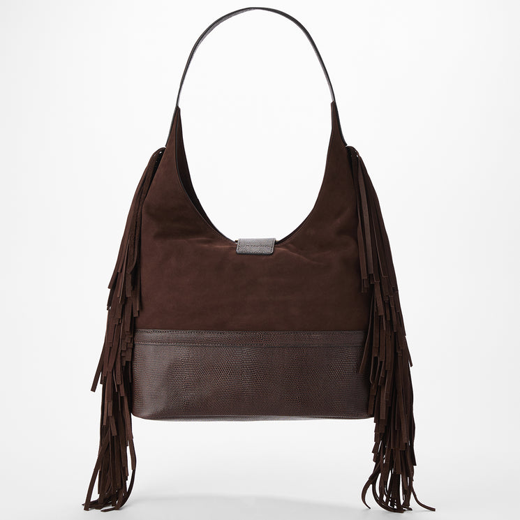 Brown suede handbag with fringes and gold accents on a white background. Gwynne back view.