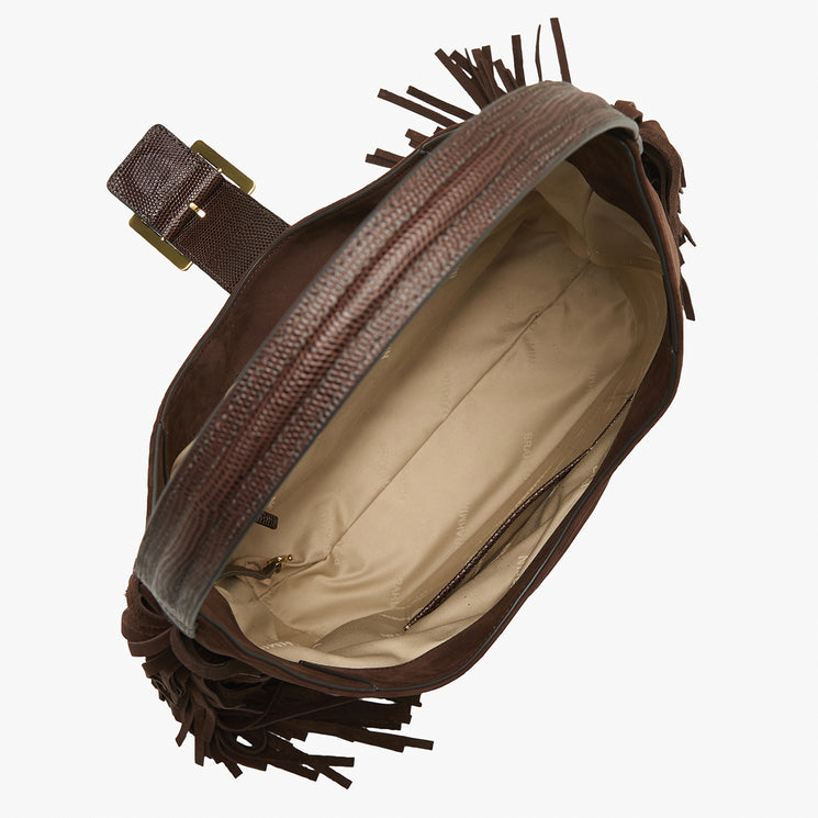 Brown suede handbag with fringes and gold accents on a white background. Gwynne open top view.