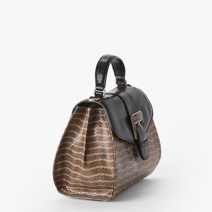 Annalise handbag with black and brown pattern on a white background. Side view.