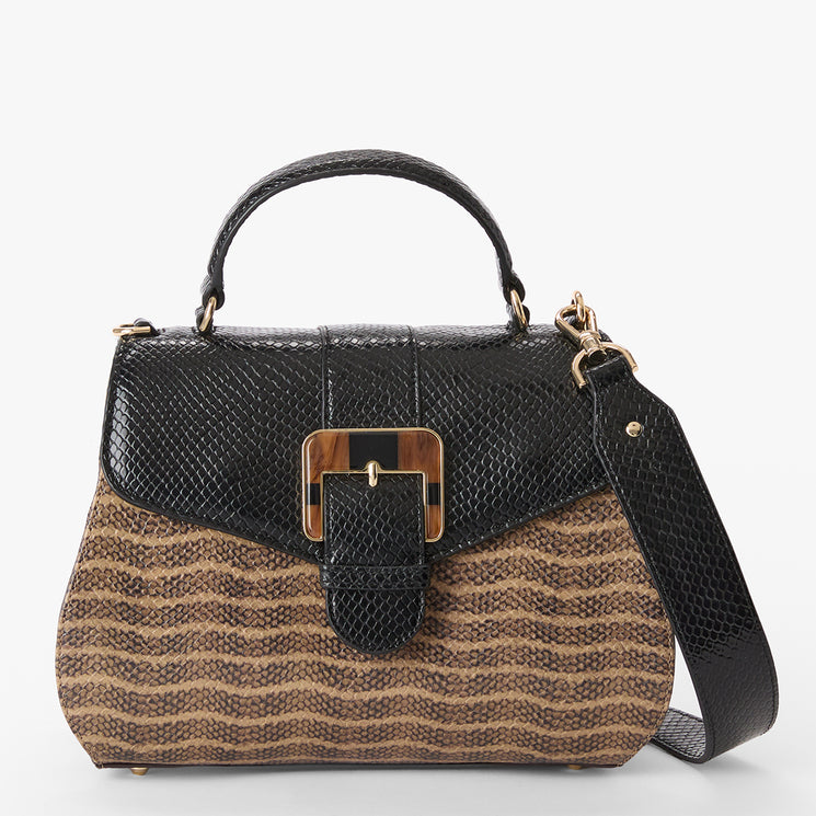 Annalise handbag with black and brown pattern on a white background. Front view with strap.