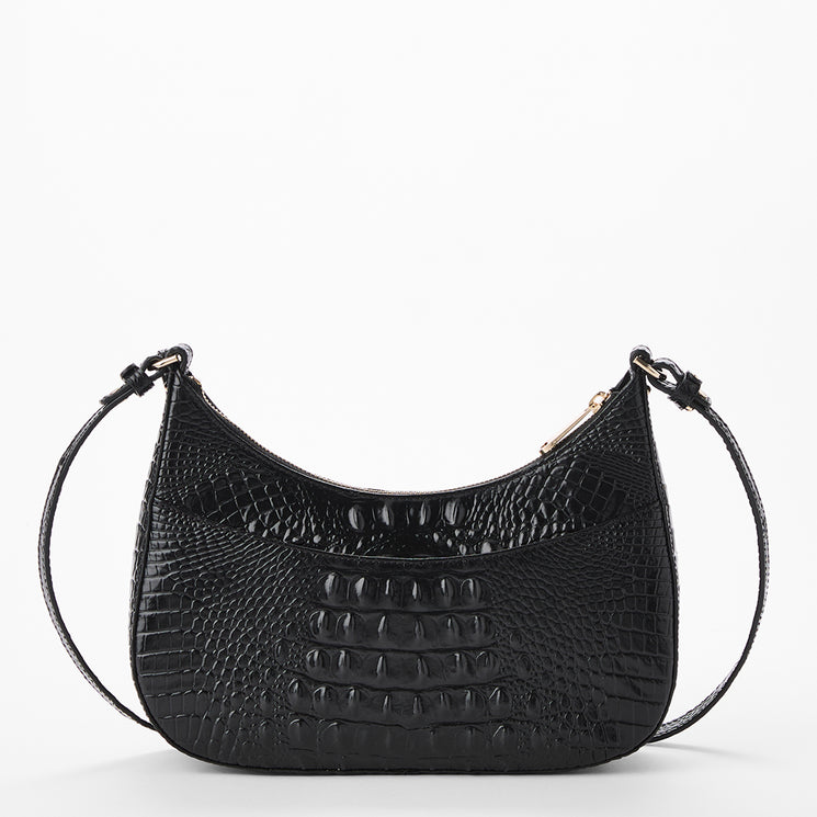Black crocodile-embossed leather crescent shoulder bag with a single adjustable strap, shown on a clean white background. Back view.