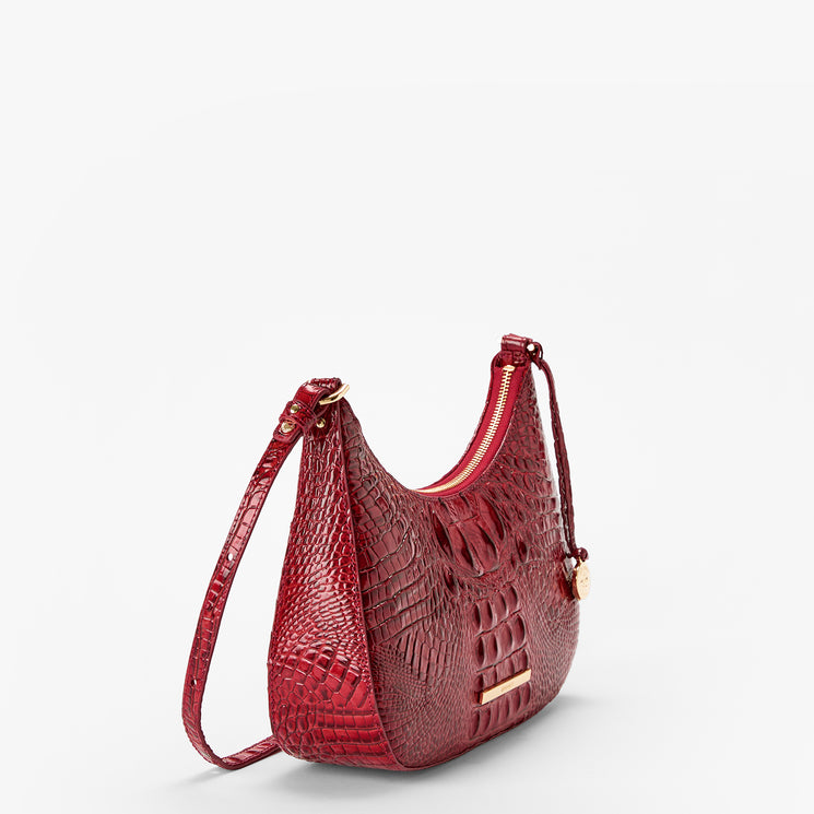 Volcanic Red Melbourne croc textured handbag on a light gray background. Small Stephie side view.