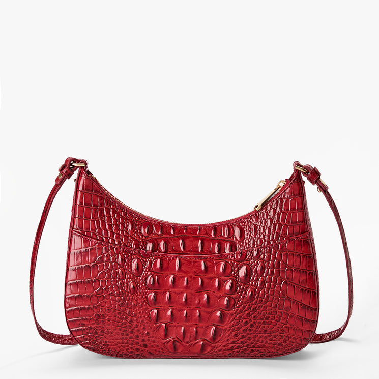 Volcanic Red Melbourne croc textured handbag on a light gray background. Small Stephie back view.