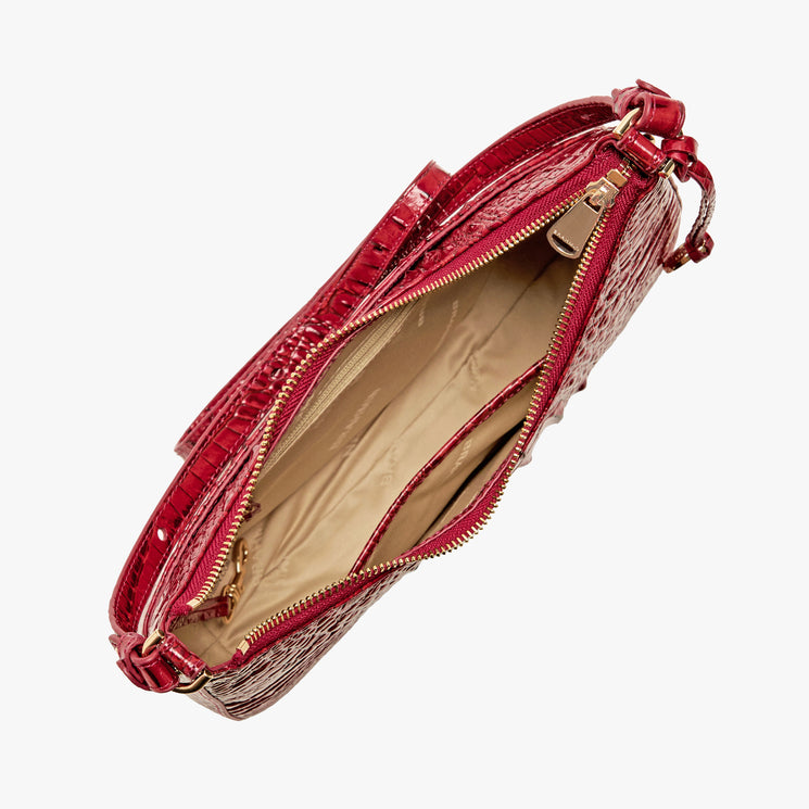 Volcanic Red Melbourne croc textured handbag on a light gray background. Small Stephie open top view.