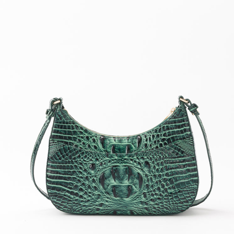 Small Stephie handbag by BRAHMIN in forest green with a crescent silhouette and croc-embossed textured finish.