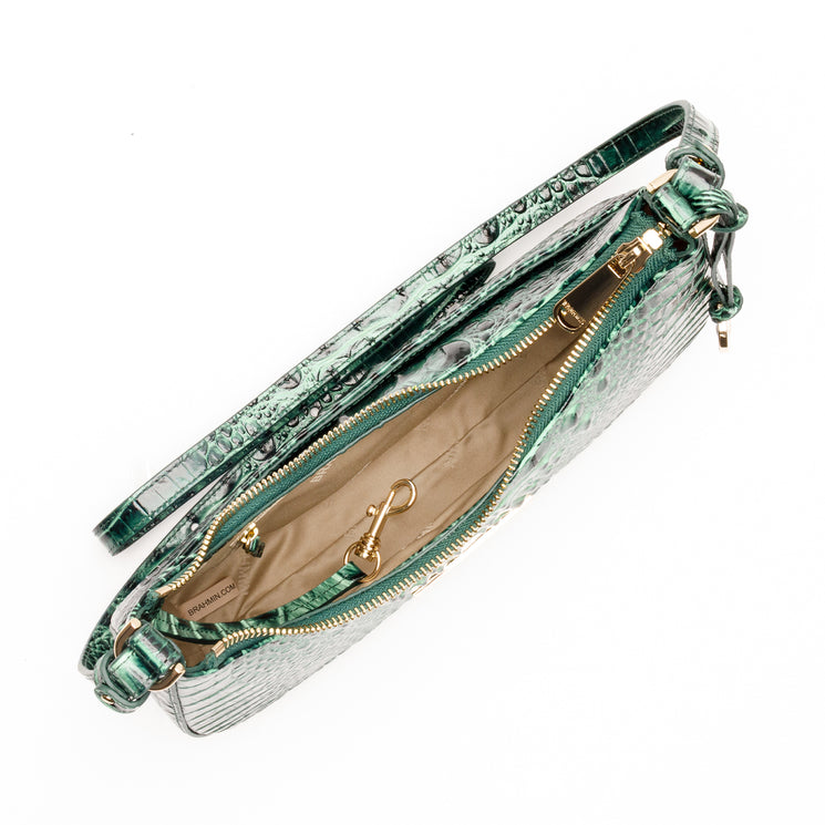 Open forest green Brahmin Small Stephie shoulder bag with embossed texture, gold zipper hardware, and an interior clasp.