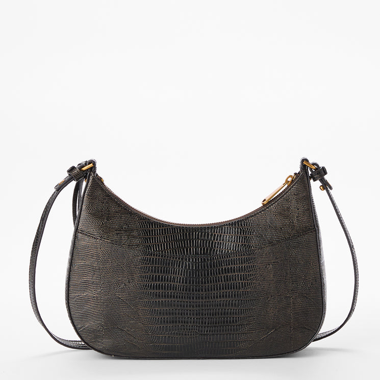 A dark textured crocodile-patterned shoulder bag with gold-tone hardware, shown against a plain white background.