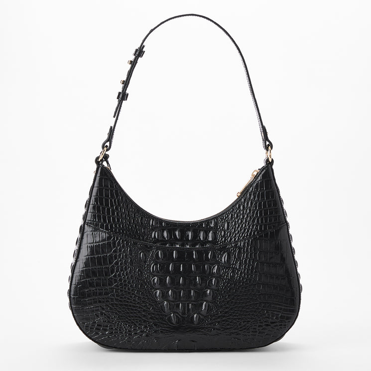 A black crocodile-embossed shoulder bag with a single strap and gold-tone hardware, shown against a plain white background. Back view.