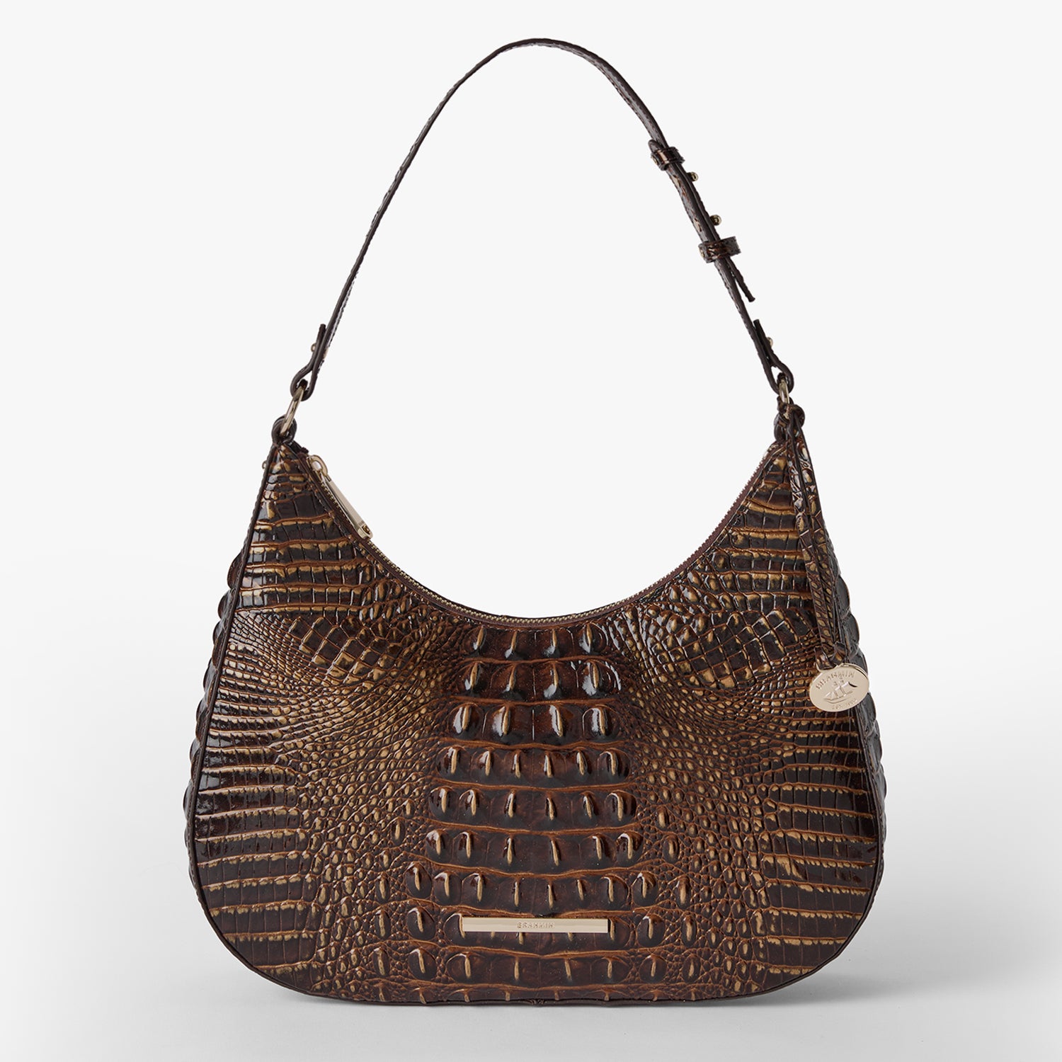 Brahmin Stephie shoulder bag in Chocolate Melbourne brown croc embossed leather with a curved silhouette and short strap, front view
