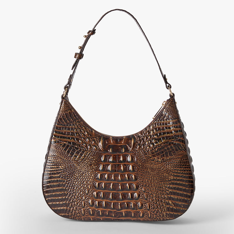 A chocolate crocodile-embossed leather shoulder bag with a curved hobo silhouette and a single shoulder strap, shown against a light gray background. Back view.