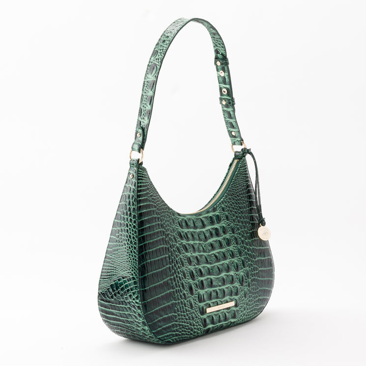 Brahmin Stephie hobo bag in dark green with a croc-embossed texture, featuring a single shoulder strap and gold hardware.