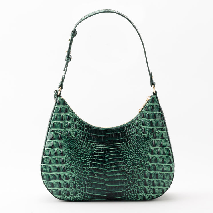 Brahmin Stephie hobo bag in forest green with a textured, embossed pattern. Features a zipper closure, adjustable shoulder strap, and leather construction.
