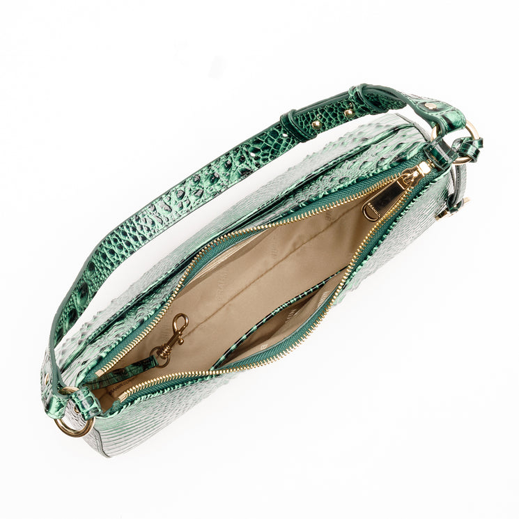 Brahmin Stephie shoulder bag in forest green with a crescent-shaped silhouette and croc-embossed texture. Features an open design with interior compartments and a shoulder strap.