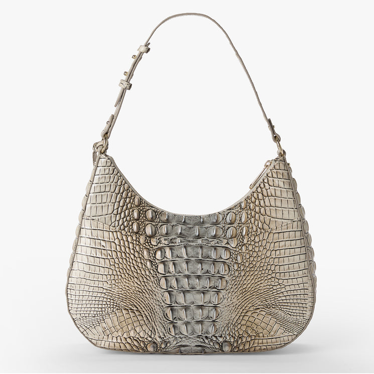 Silver crocodile-patterned Stephie handbag on a white background. Back view.