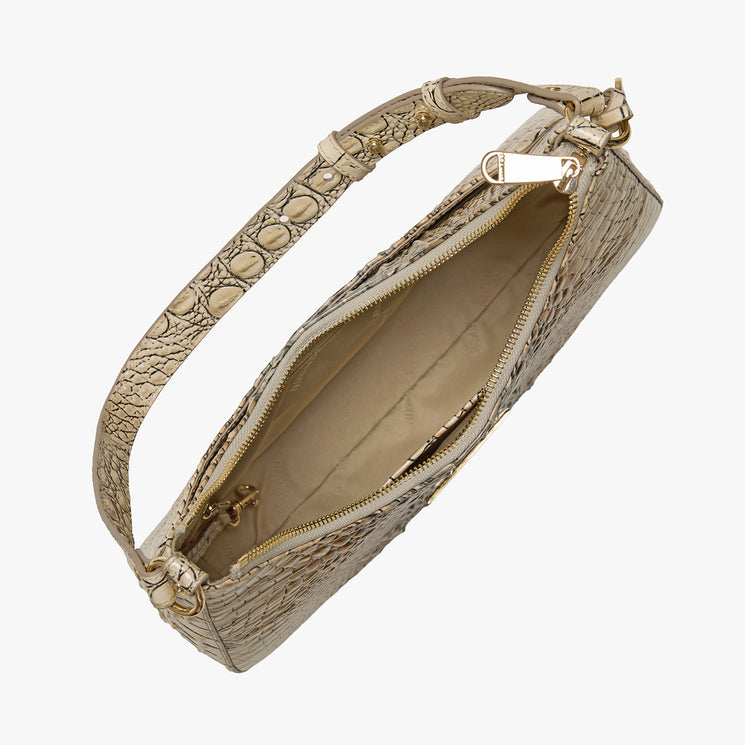 Silver crocodile-patterned Stephie handbag on a white background. Open view.