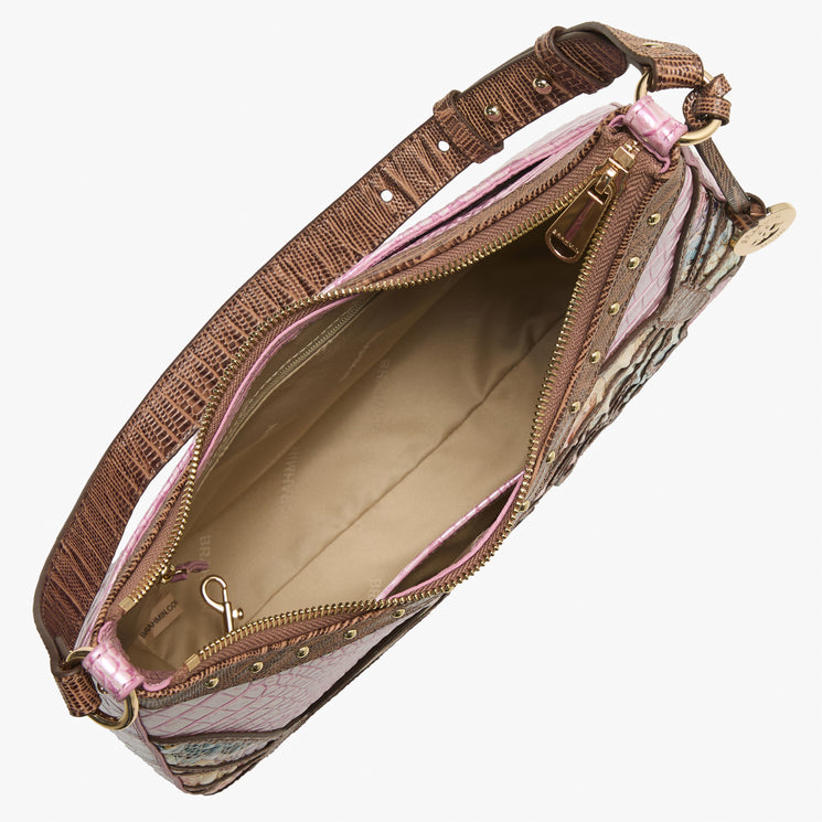 Brahmin brown and pink textured handbag shown open, featuring a spacious beige-lined interior with a zippered pocket, gold-tone hardware, and structured silhouette. Top handles visible; ideal for shoulder or hand carry.