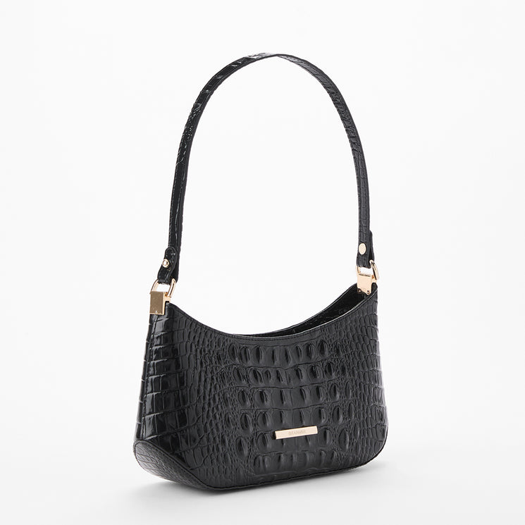 A black crocodile-embossed shoulder bag with gold-tone hardware, shown on a clean white background. Side view. 