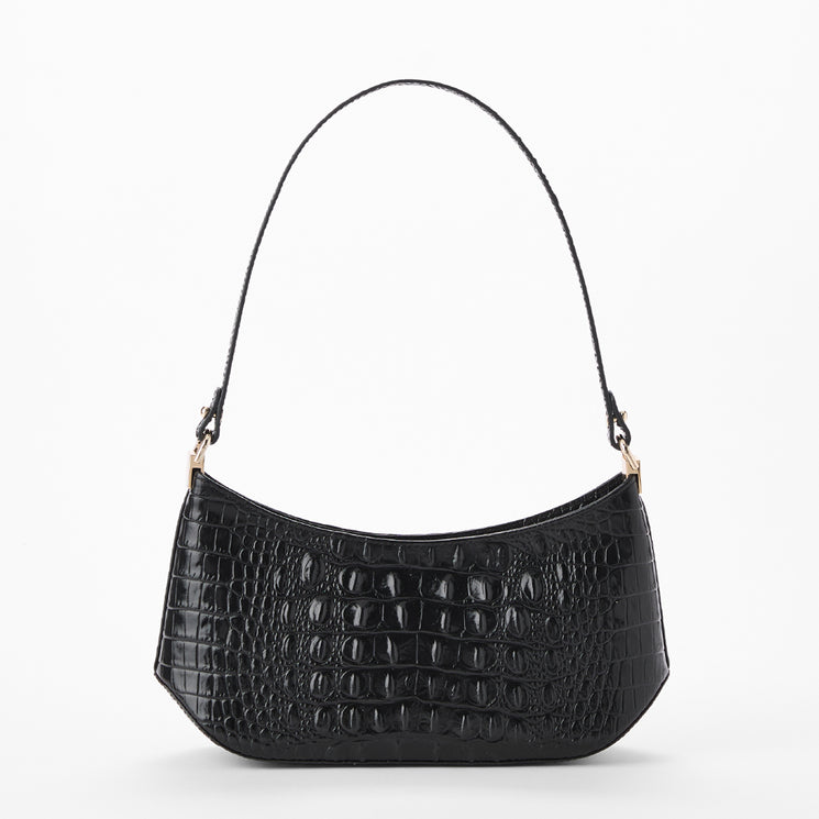 A black crocodile-embossed leather shoulder bag with a single slender strap and small gold-tone hardware, shown against a plain white background. Back view.