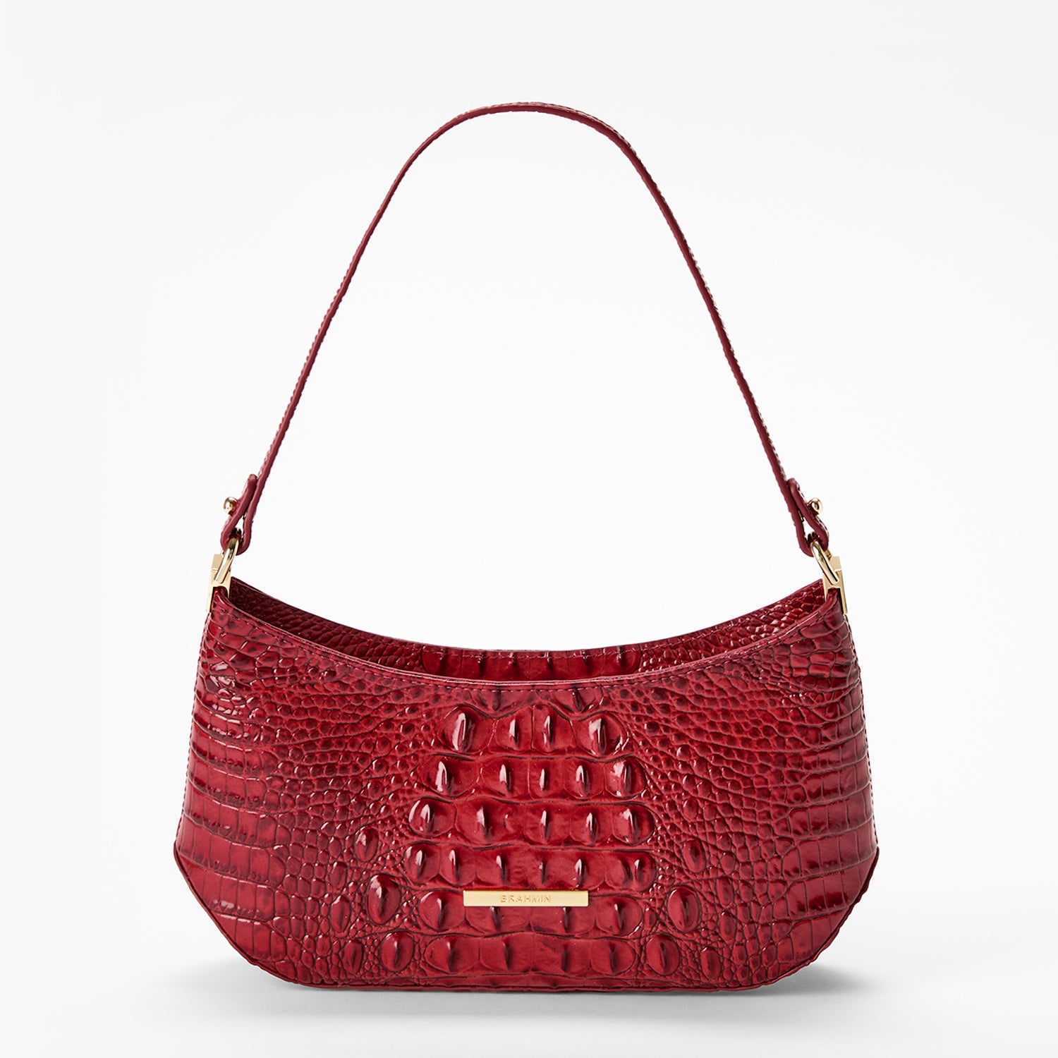 Brahmin Small Denise satchel in Volcanic Red Melbourne croc embossed leather with double top handles, front view