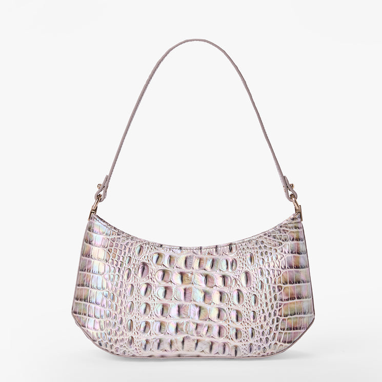 Brahmin iridescent handbag with embossed texture, short strap, and shiny finish. Satchel silhouette displayed on white background. Structured shape with visible pattern detail.