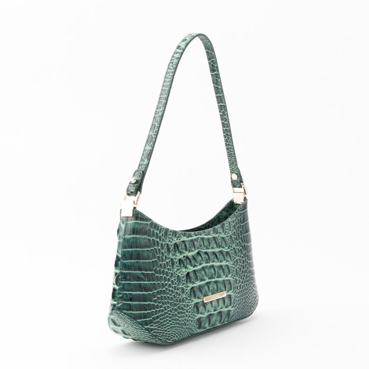 Dark green, croc-embossed Lilibeth shoulder bag by BRAHMIN featuring a curved silhouette and gold-tone hardware.
