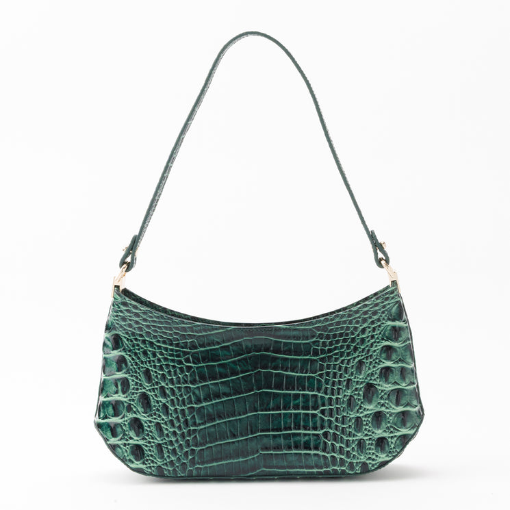 Dark green BRAHMIN Lilibeth shoulder bag in a crescent silhouette featuring a textured, embossed pattern.