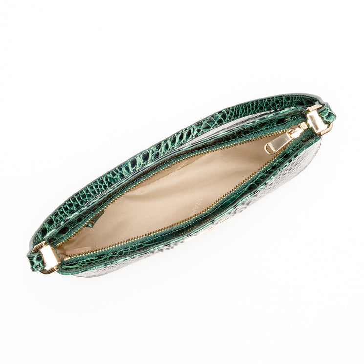 Top-down view of an open green Brahmin Lilibeth handbag with a croc-embossed texture, featuring gold-tone zipper hardware and a light-colored interior lining.
