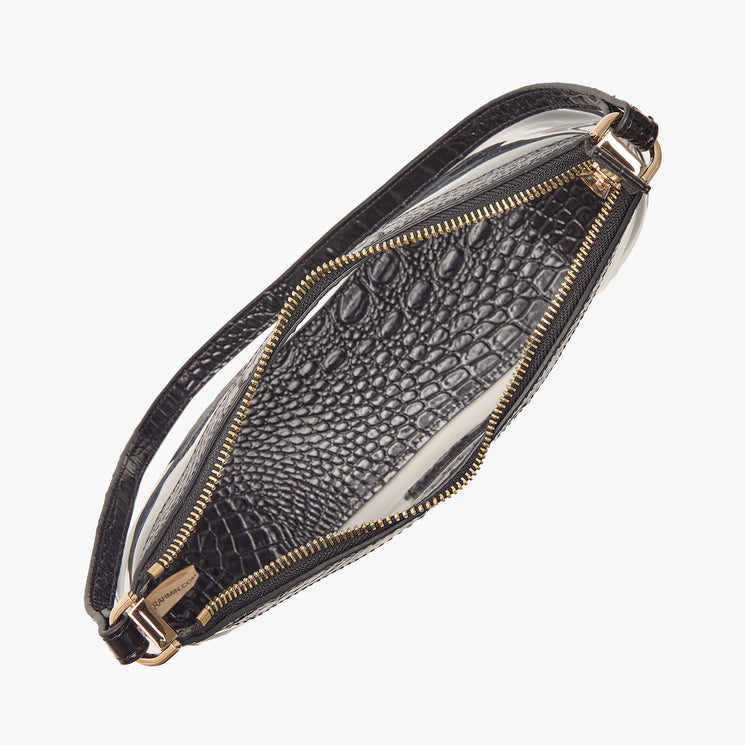 A black crocodile-embossed leather pouch with a clear front panel and gold-tone zipper, shown open against a light gray background.
