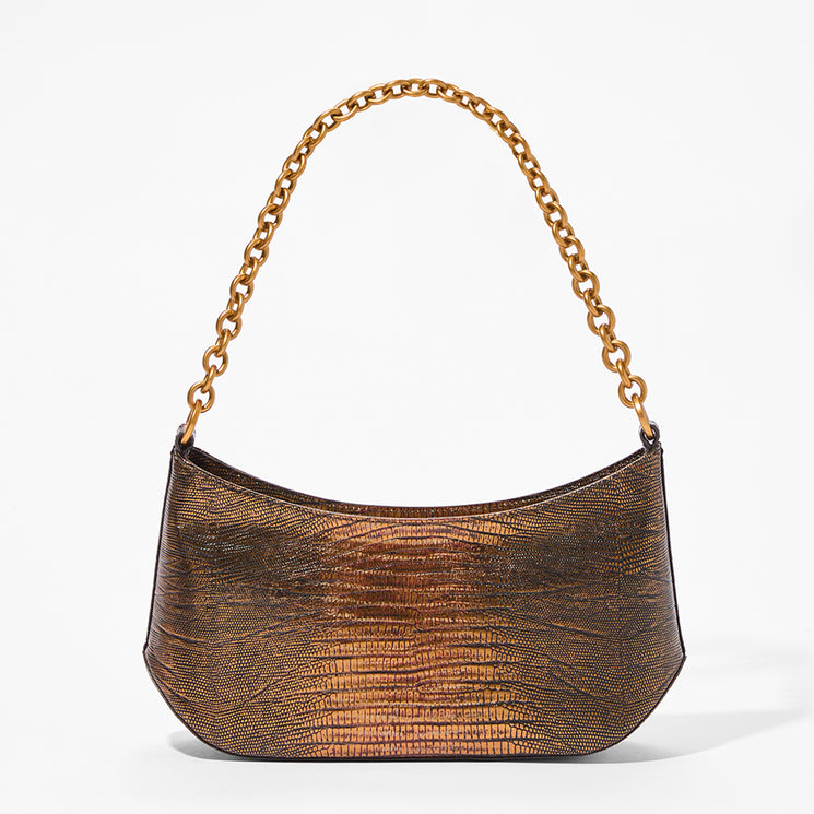 A metallic bronze hobo shoulder bag with a textured crocodile pattern and a gold-tone chain strap, shown against a plain white background.