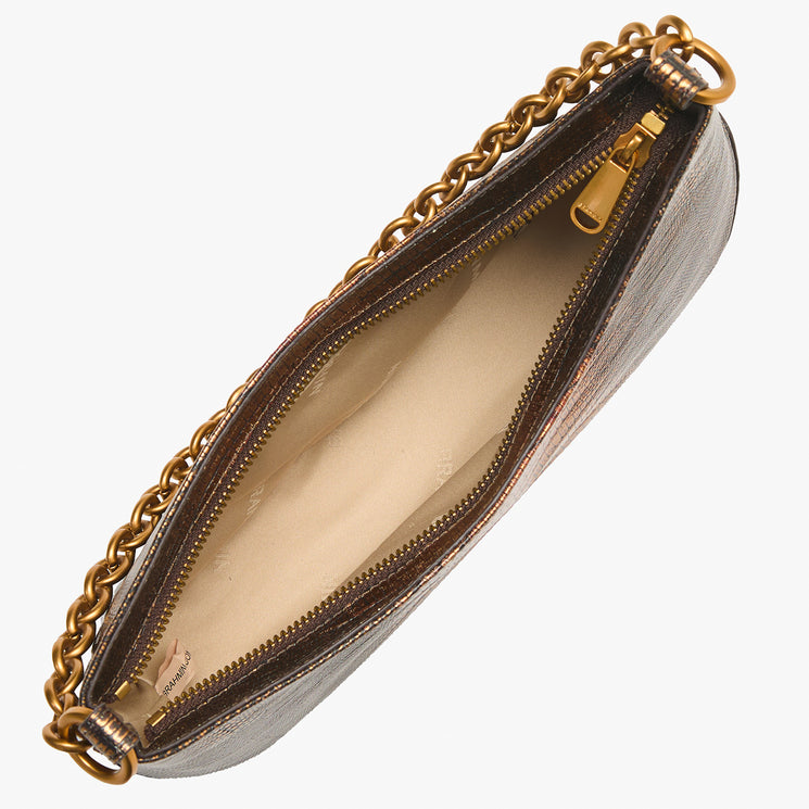 A top-down view of a metallic bronze clutch bag with a gold chain strap and gold zipper, shown open against a light gray background.