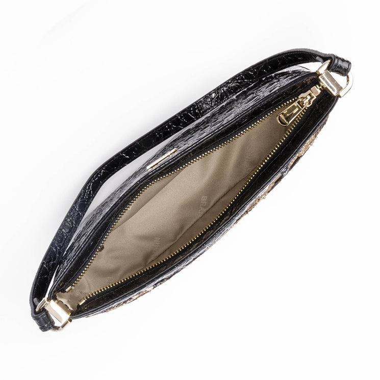 BRAHMIN Lilibeth handbag in black textured leather with gold hardware, top view with zipper open showing beige fabric-lined interior. Structured silhouette and double top handles visible.