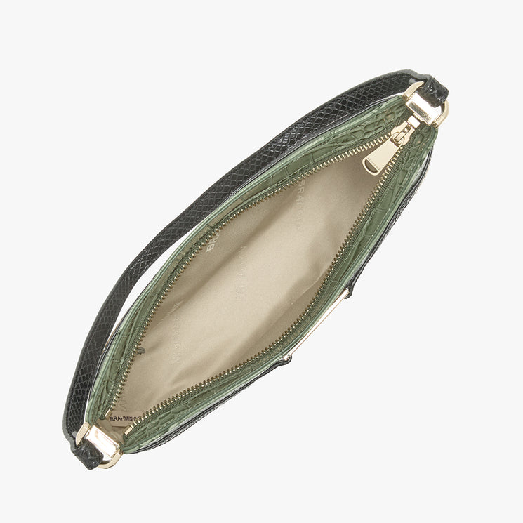 An olive green leather clutch bag with a black textured trim and a gold zipper, shown open to reveal a beige interior lining on a light gray background.