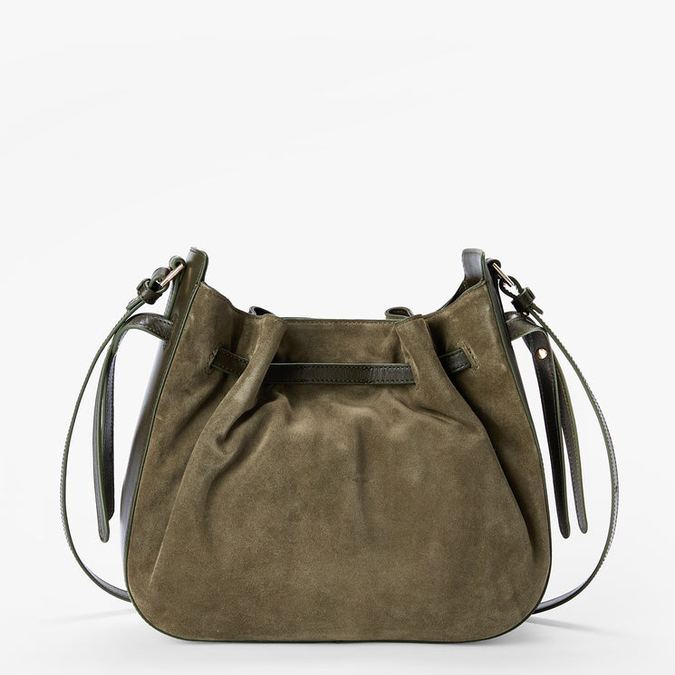 An olive green suede slouchy shoulder bag with dark green leather trim and a matching shoulder strap, shown against a plain white background.