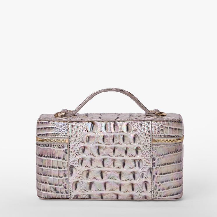 Brahmin textured light purple handbag with crocodile-embossed pattern, structured top handle, gold zipper accents on each side, and a classic silhouette, displayed against a plain white background.