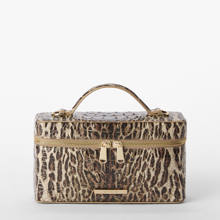 Leopard print handbag with gold accents on a white background. Charlene front view.