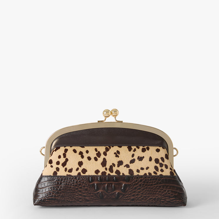 Christine Clutch bag with leopard print top section and brown textured bottom section on a white background. Back view.