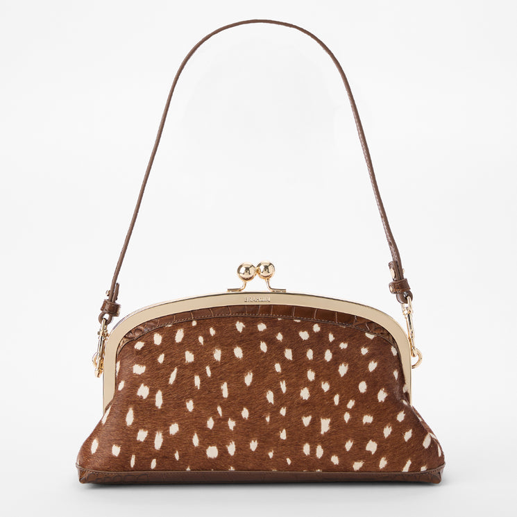 Brahmin small brown handbag with white speckled pattern, gold clasp closure, single shoulder strap, structured silhouette. Bag is set against a plain white background with visible textured finish.