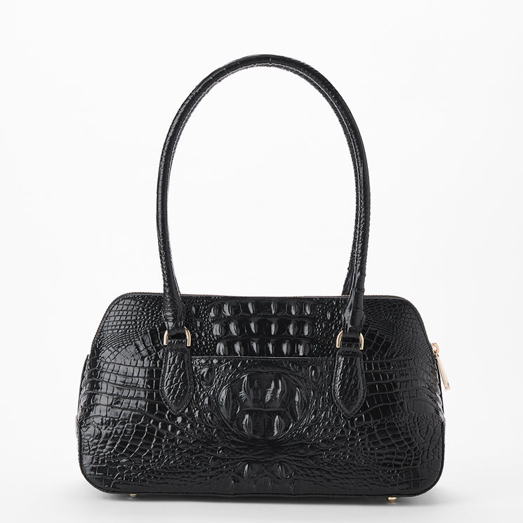 A black crocodile-embossed leather handbag with dual top handles and a central embossed logo detail, shown against a plain white background. Back view.