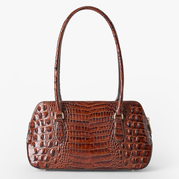 A brown crocodile-embossed leather handbag with dual top handles and gold-tone hardware, photographed against a clean white background. Back view.