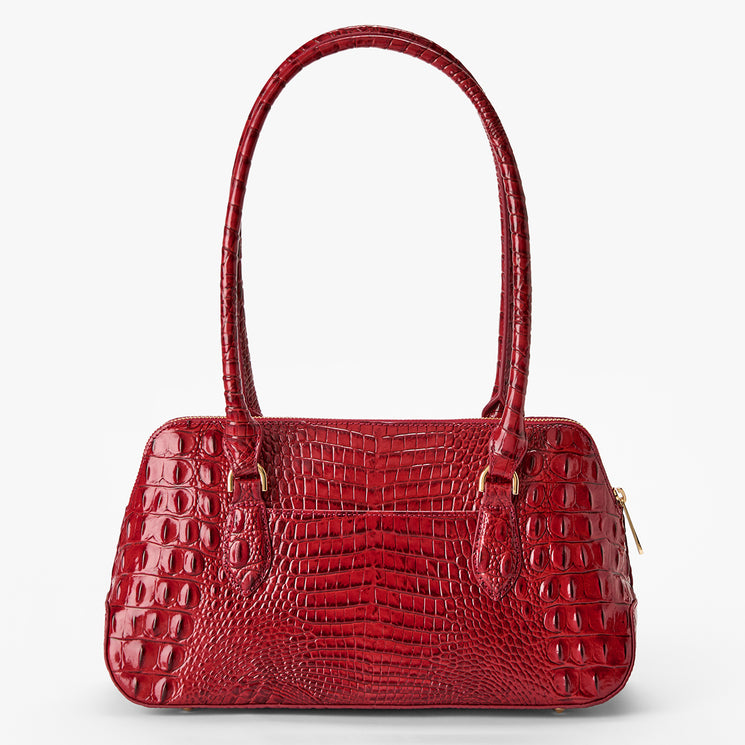 Jennifer red textured handbag on a white background. Back view.