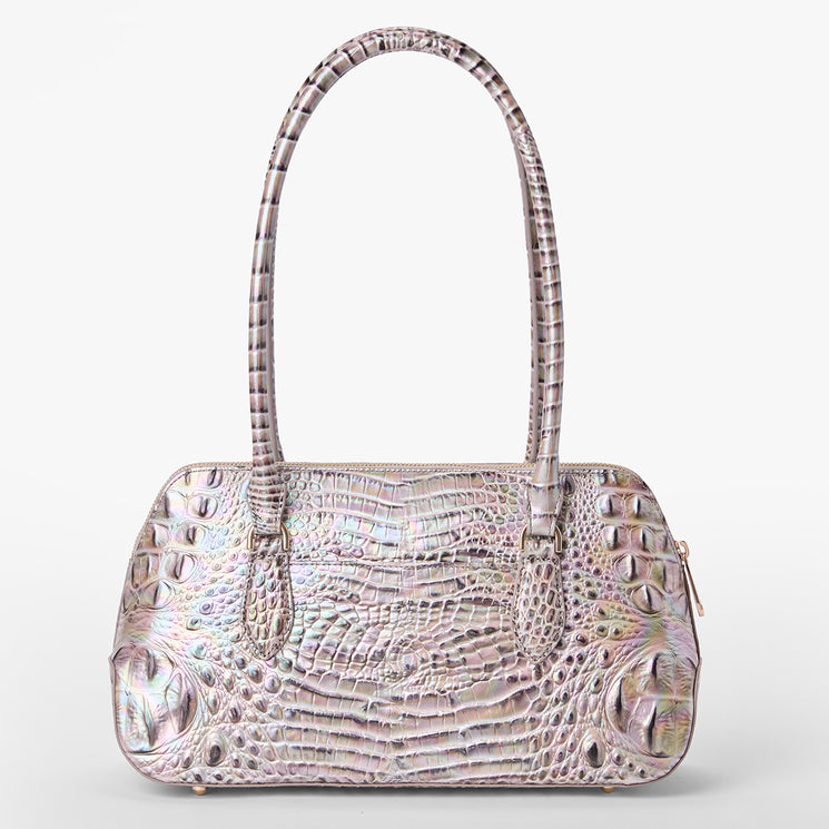 Brahmin iridescent handbag with crocodile-embossed texture, two long shoulder straps, rectangular silhouette, zip closure, and silver-tone hardware, shown against a plain white background.