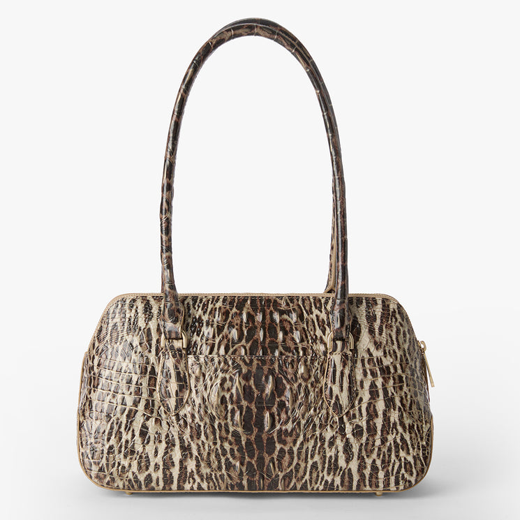 Jennifer leopard print handbag on a white background. Back view.