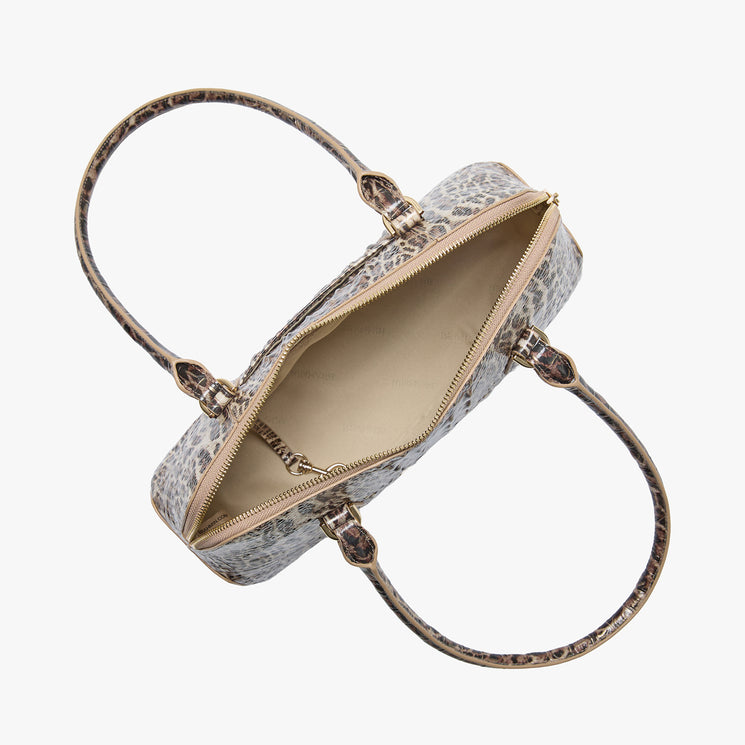 Jennifer patterned handbag with open front showing beige interior on a white background. Open top view.