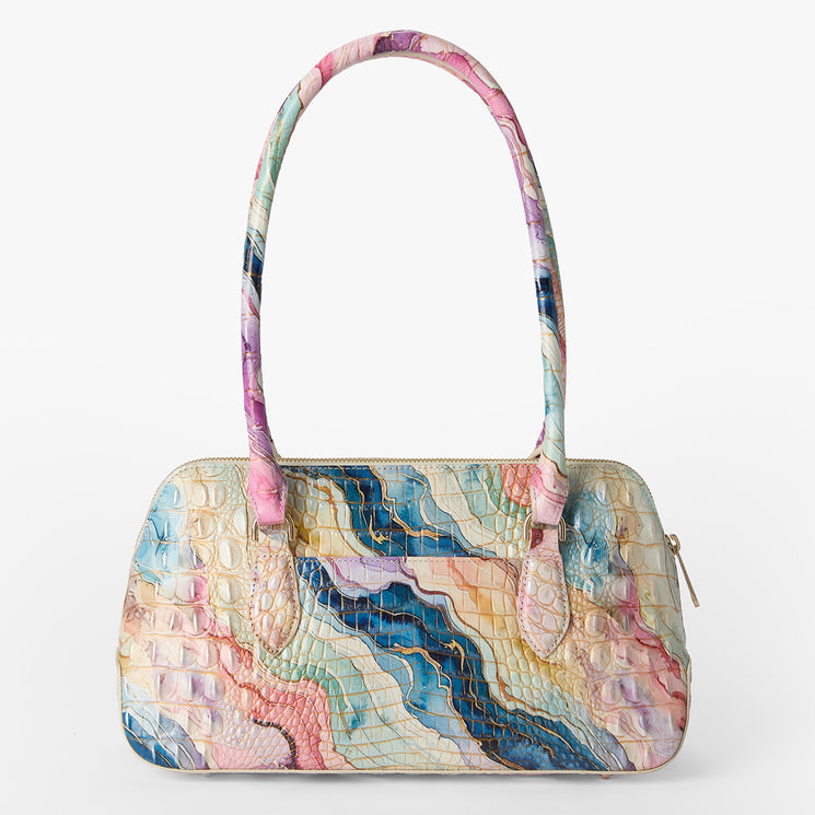 Jennifer multicolored handbag with a pattern on a white background. Back view.