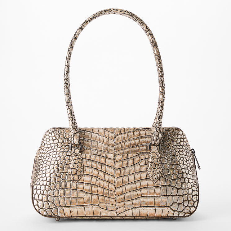 Jennifer beige crocodile-patterned handbag on a white background. Back view.