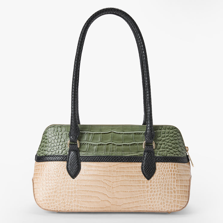 A structured handbag with a two-tone crocodile-embossed texture, featuring an olive green top half and a light beige bottom half, with black double shoulder straps and gold-tone hardware.